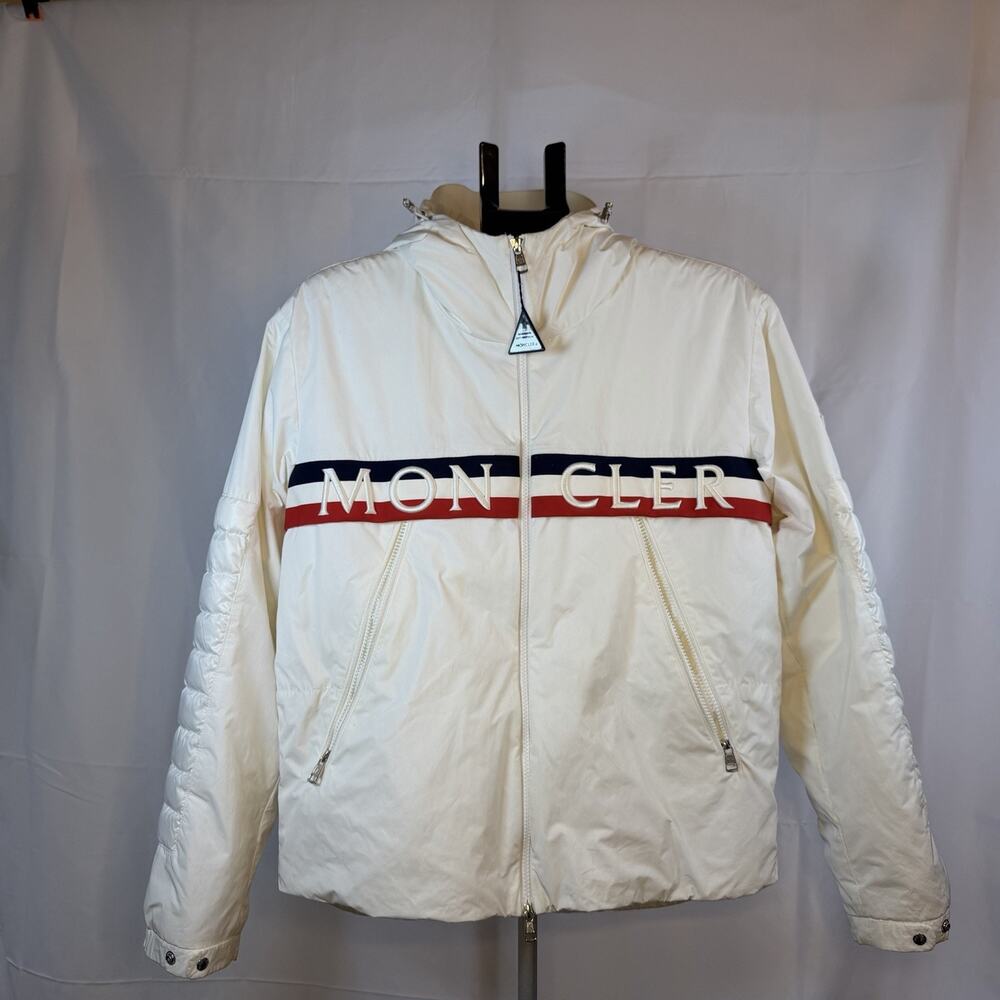 Moncler Olargues Giubbotto White Down Jacket Size 2 Men’s Hooded Logo Stripe - Picture 2 of 16